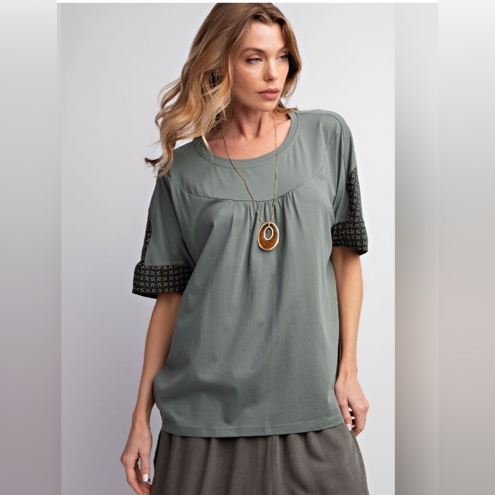 63 Easel Sage Top with Patterned Sleeves